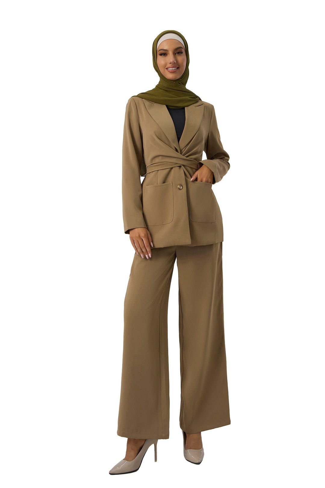 Woman in a tan pantsuit and green hijab, showcasing a stylish Taupe Jacket and Pants Suit