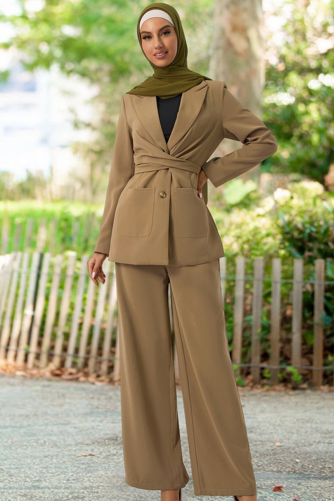 Tan pantsuit featured with an olive hijab in the Taupe Jacket and Pants Suit Set