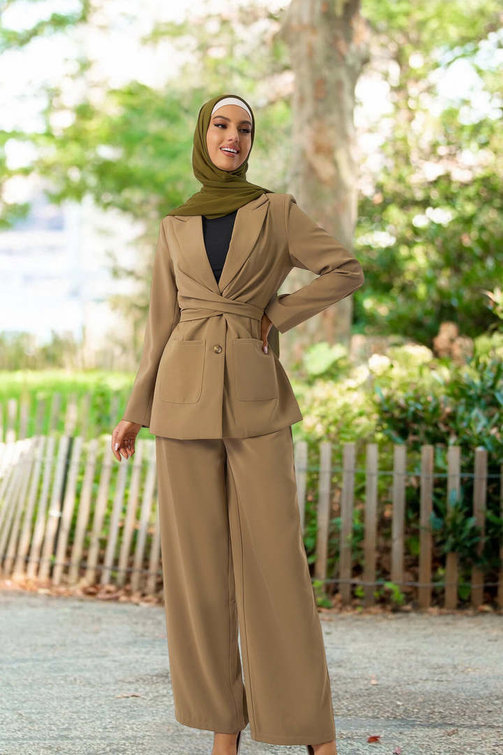 Tan pantsuit with olive hijab from the Taupe Jacket and Pants Suit Set for chic style