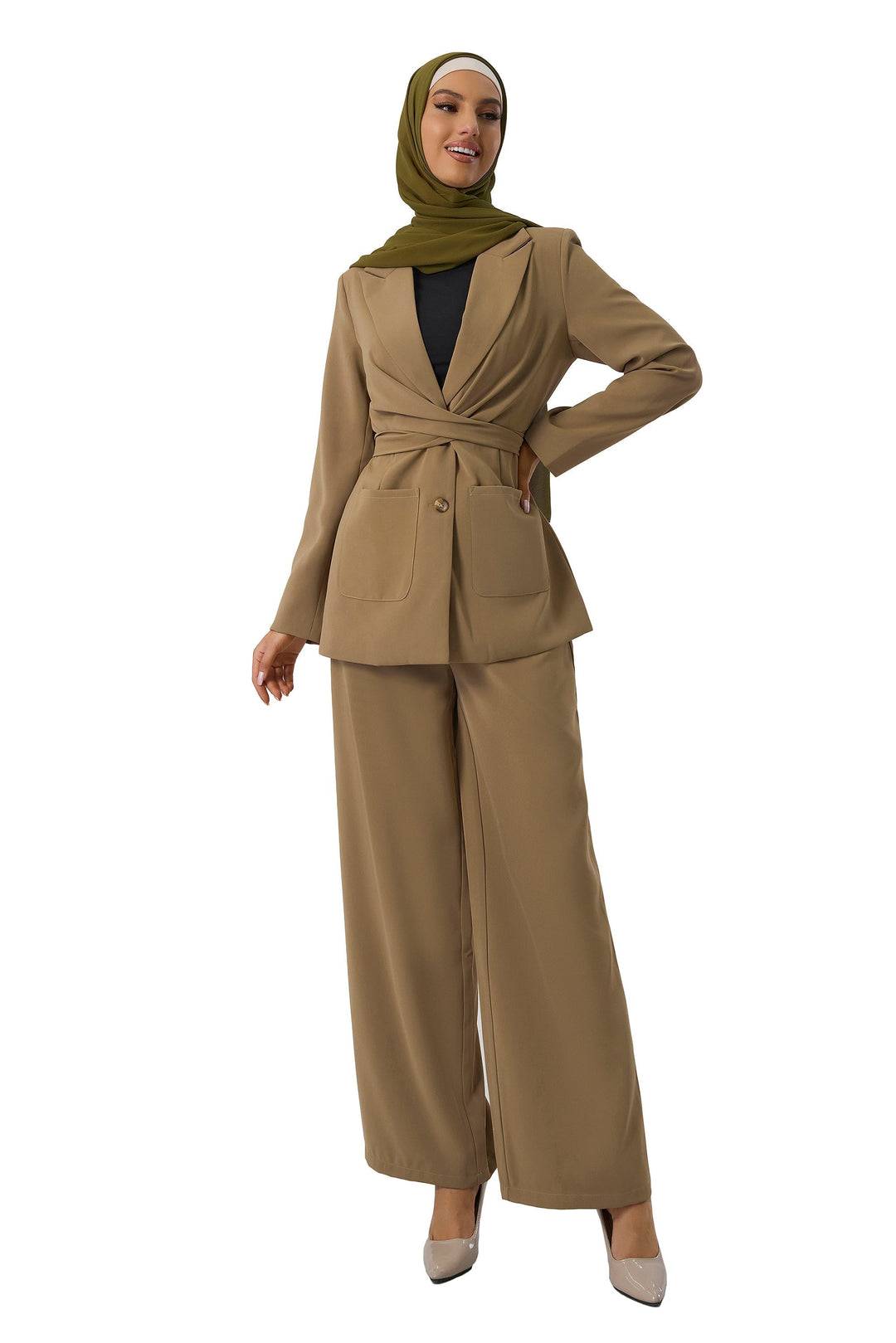 Women’s taupe jacket and pants suit set styled with a chic hijab