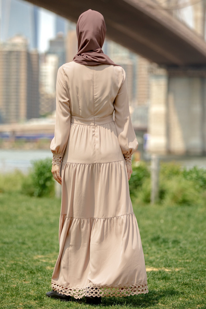 Tan lace tiered maxi dress with hijab, perfect for stylish modest wear and clearance sale