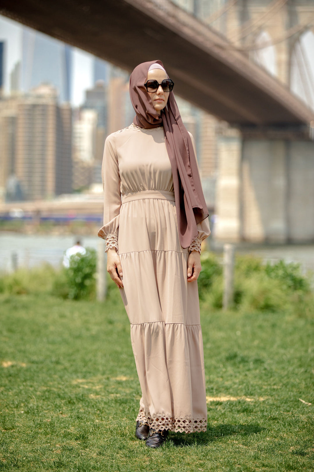 Modest taupe lace tiered maxi dress with long sleeves and matching hijab