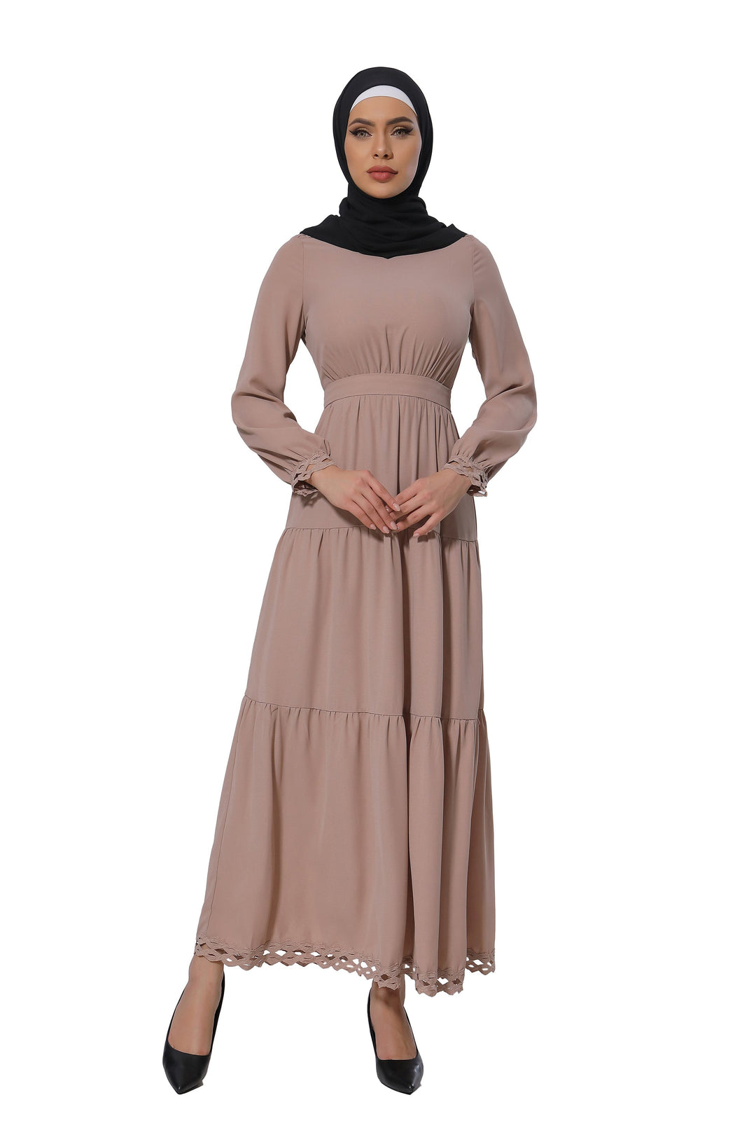 Woman in a taupe lace tiered maxi dress with a black hijab on CLEARANCE