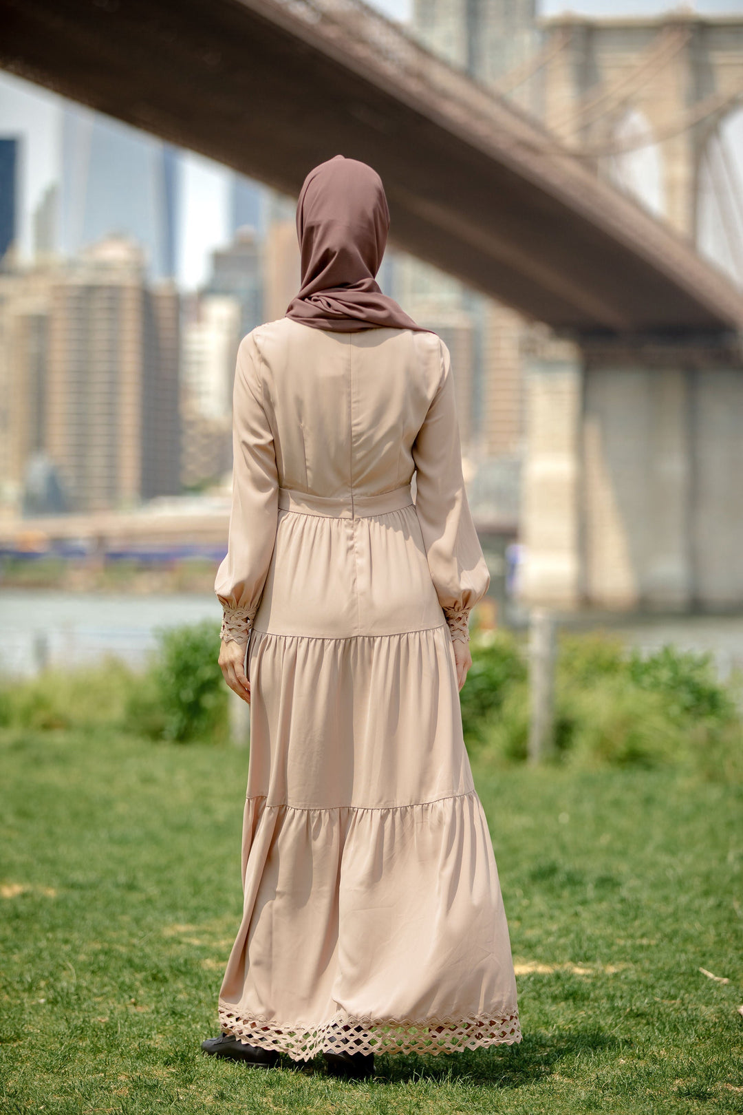 Tan modest dress with hijab featuring taupe lace tiered design from Taupe Lace Tiered Maxi