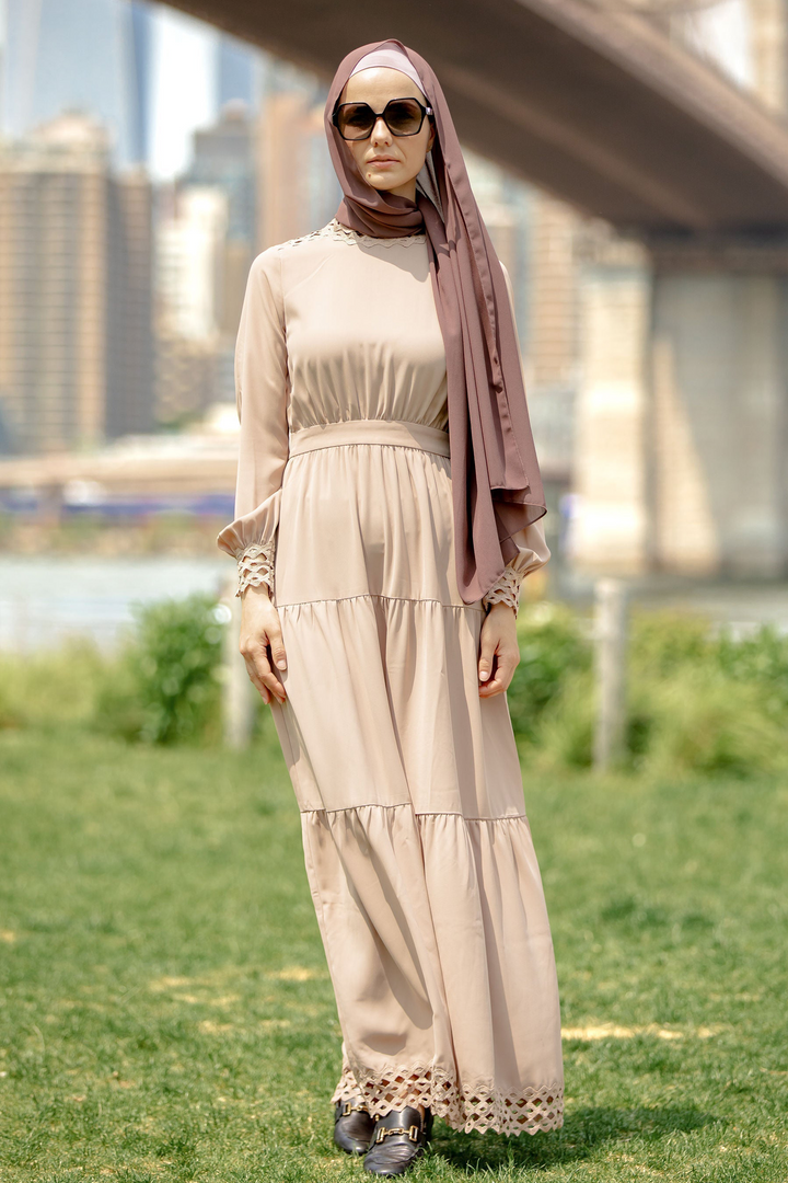 Beige Lace Tiered Maxi Dress paired with a Brown Hijab for stylish modest wear