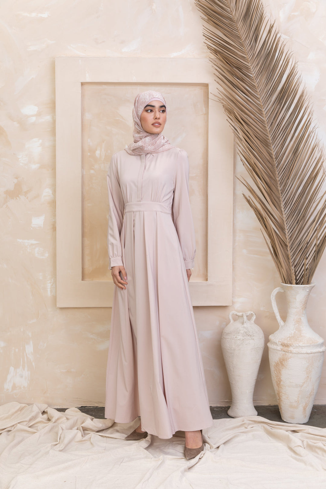 Elegant long-sleeved Taupe Lattice Abaya Maxi Dress with hijab and zipper closure for urban modesty