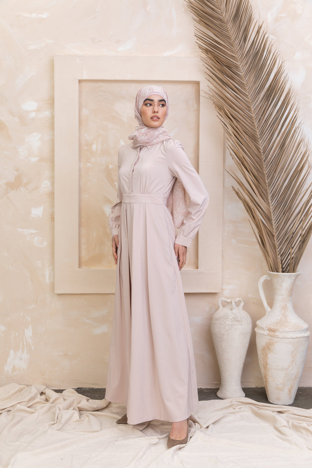 Elegant Taupe Lattice Abaya Maxi Dress with zipper closure for urban modesty fashion