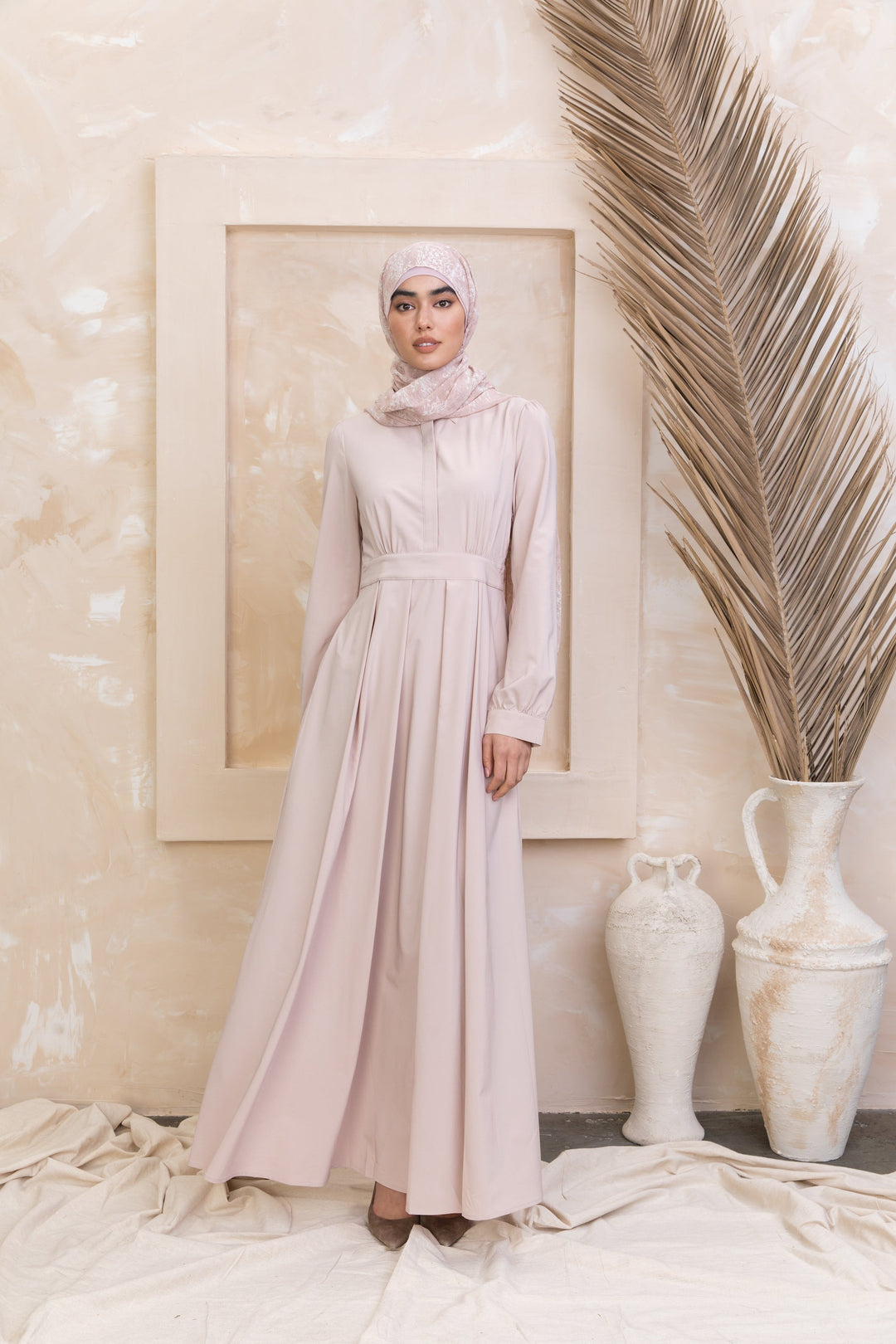 Elegant Taupe Lattice Abaya Maxi Dress with hijab, featuring zipper closure for urban modesty