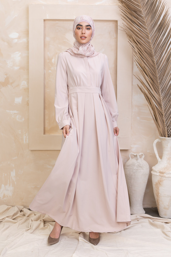 Elegant Taupe Lattice Abaya Maxi Dress with hijab and zipper closure for urban modesty