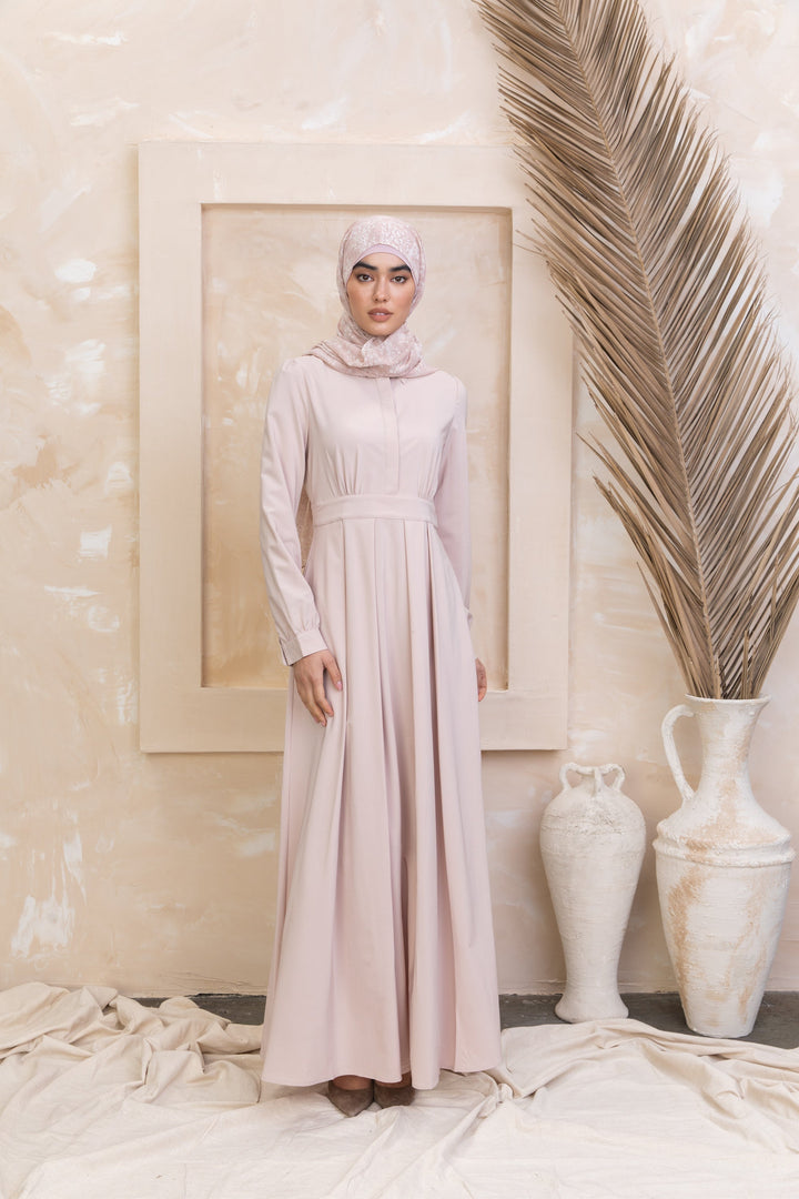 Elegant Taupe Lattice Abaya Maxi Dress with hijab, featuring zipper closure for urban modesty