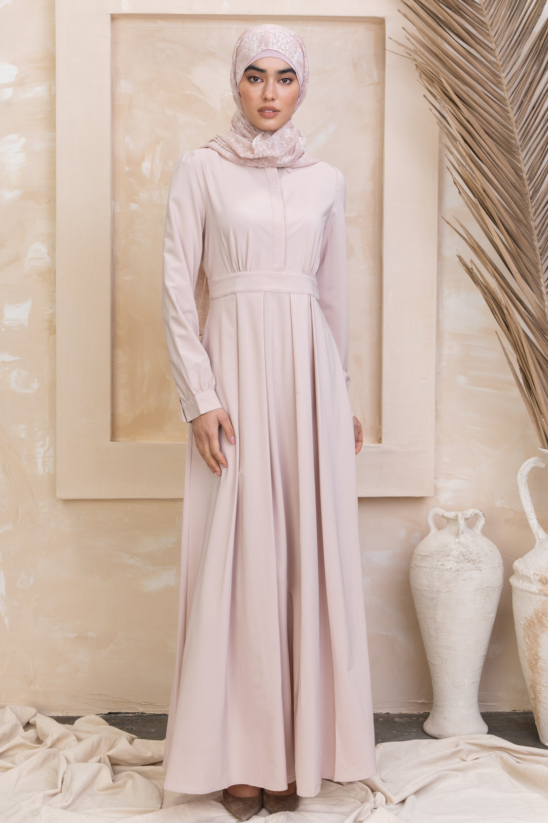 Light pink modest dress with hijab, featuring zipper closure for urban modesty