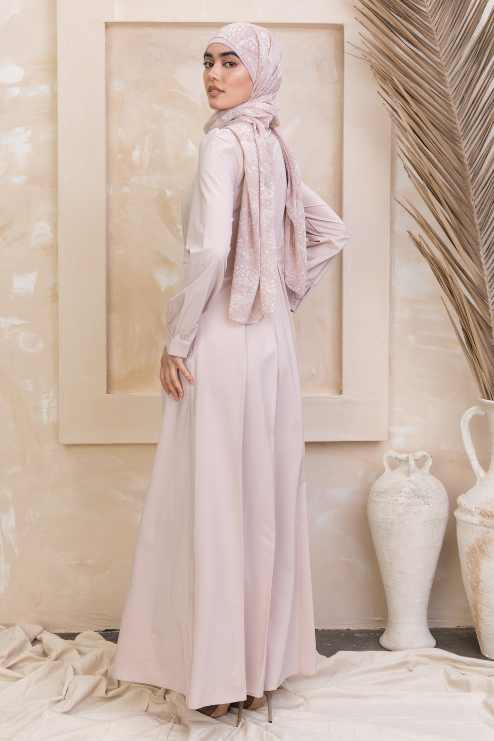 Modest Taupe Lattice Abaya Maxi Dress with hijab and zipper closure for elegant style