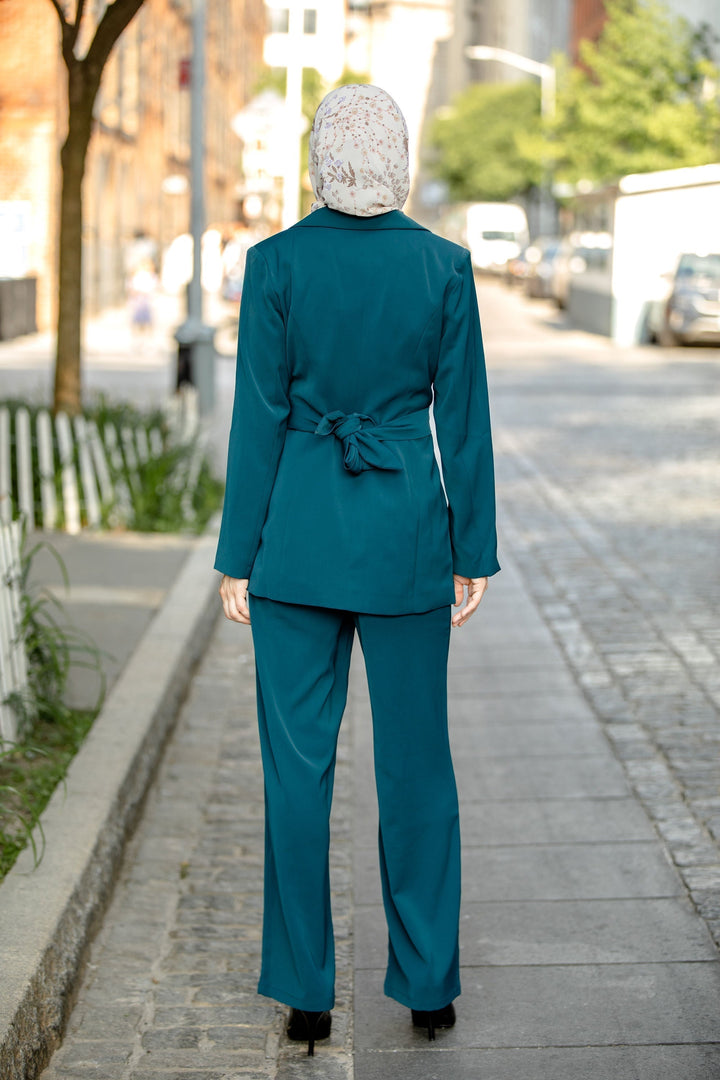 Teal pantsuit with headscarf from the Teal Jacket and Pants Suit Set clearance sale