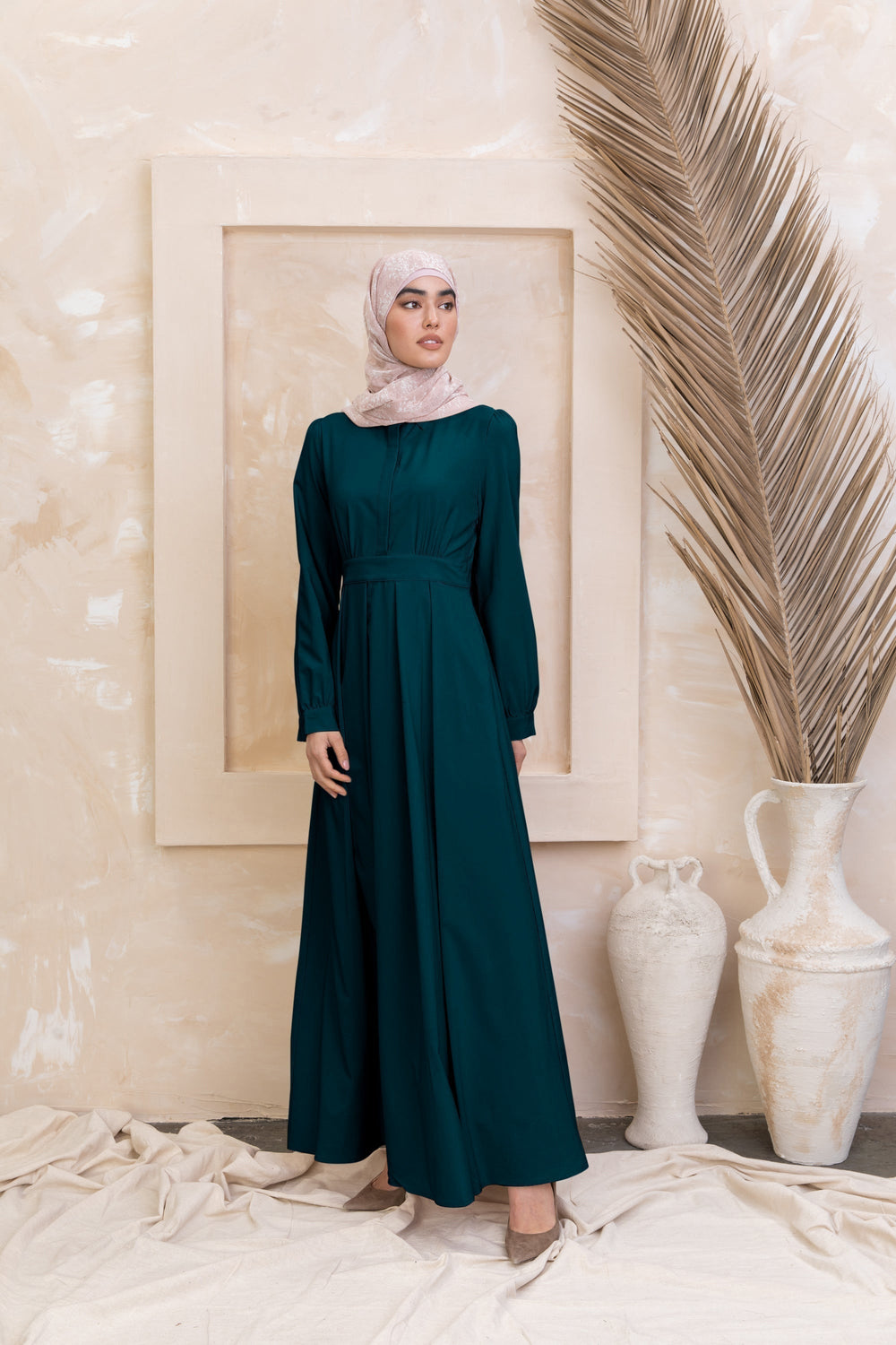 Emerald green Teal Lattice Abaya Maxi Dress showcasing a stylish modest design