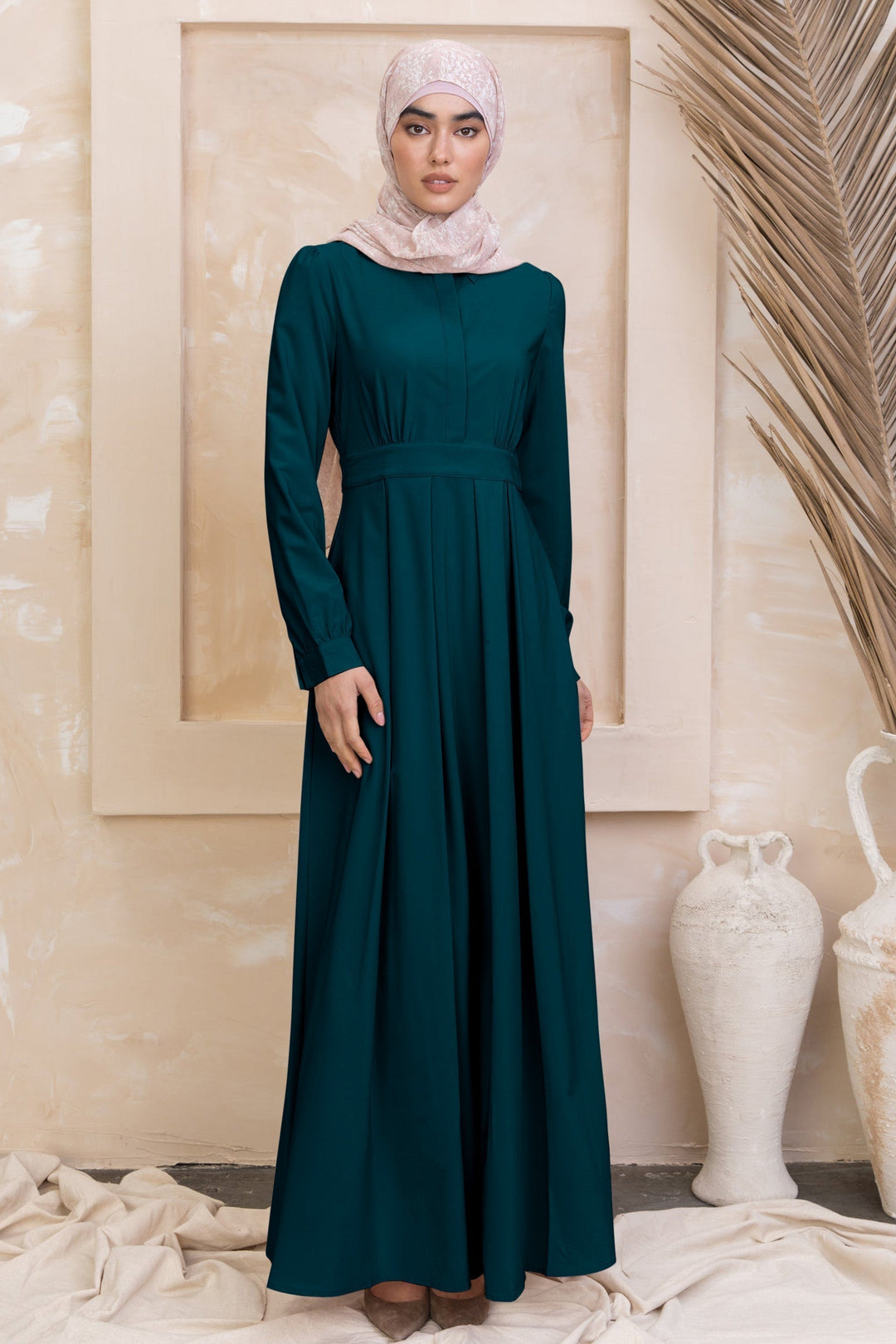 Emerald green modest Teal Lattice Abaya Maxi Dress showcasing elegant style and comfort