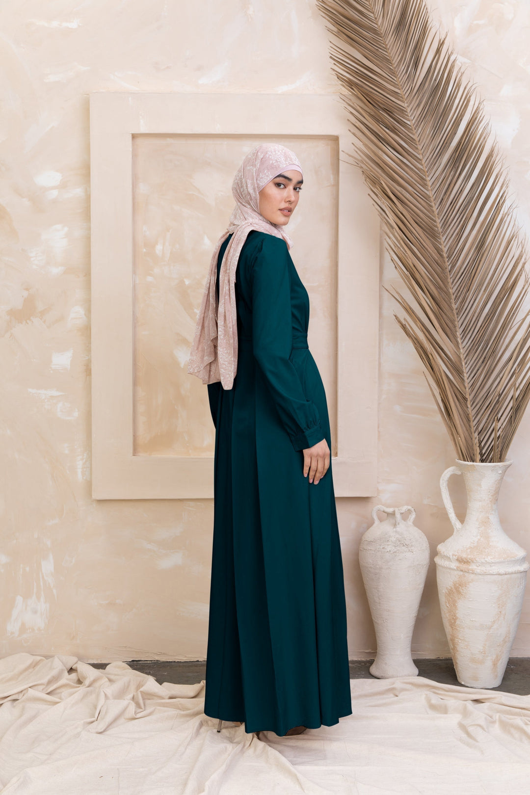 Emerald green modest Teal Lattice Abaya Maxi Dress with zipper closure detail