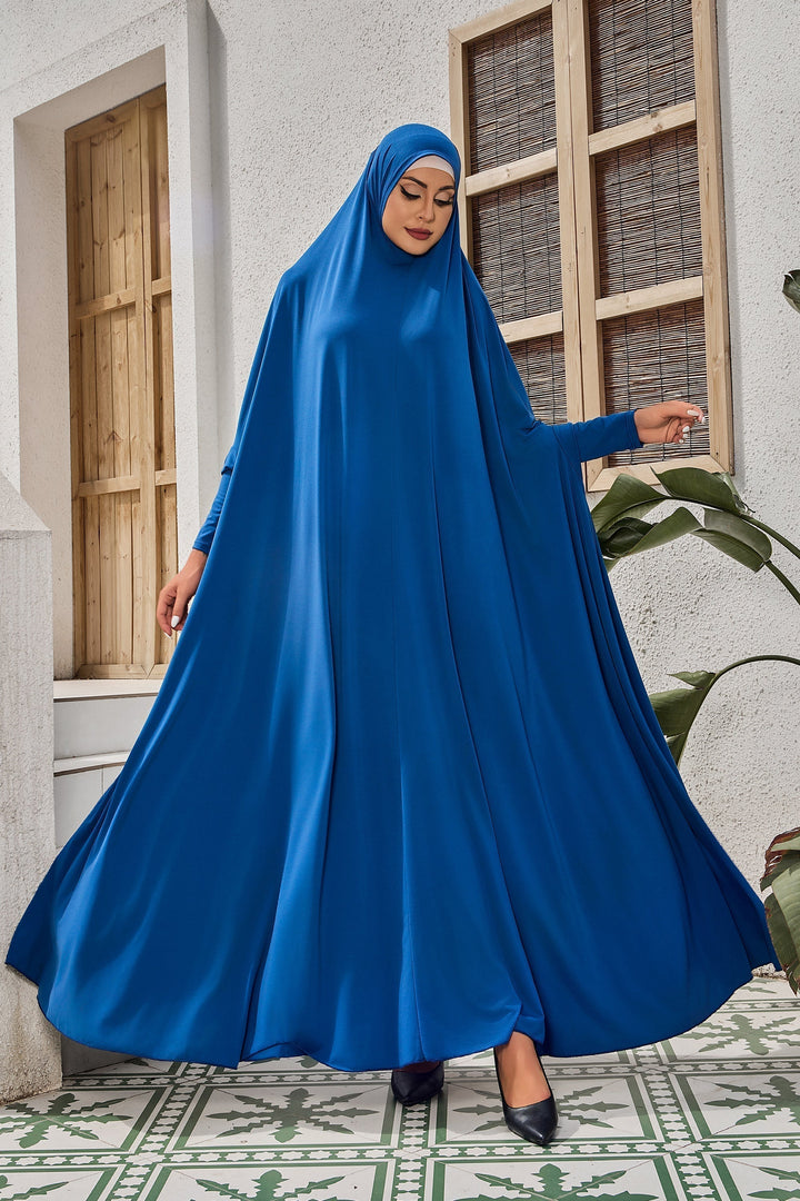 Blue maxi dress with head covering made of breathable material for piece Salah prayer