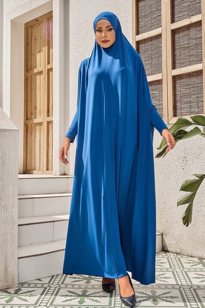 Blue modest maxi dress with hijab designed for comfortable piece Salah prayer