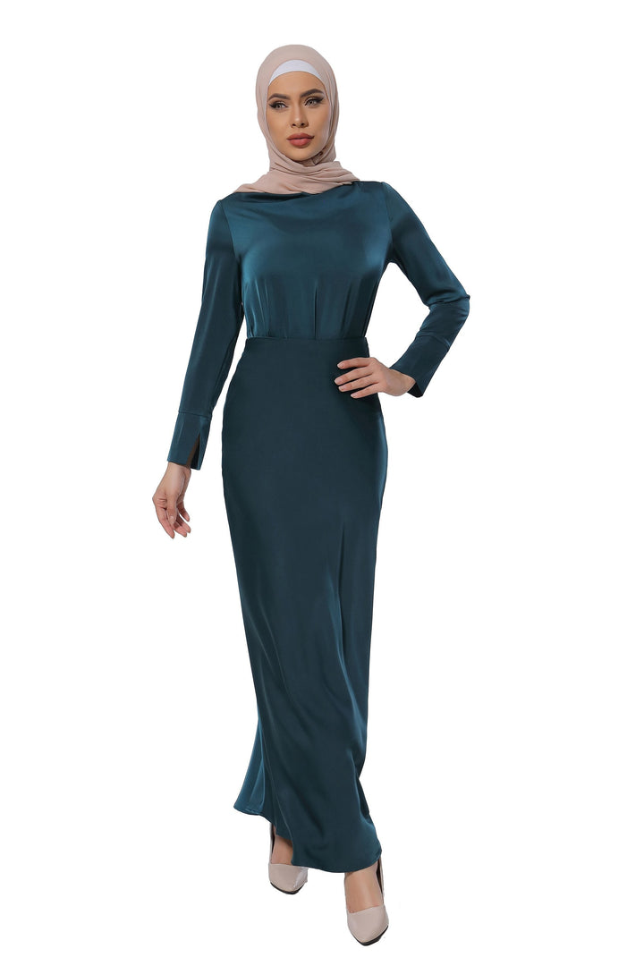 Elegant teal satin long sleeve skirt set featuring a chic modest design