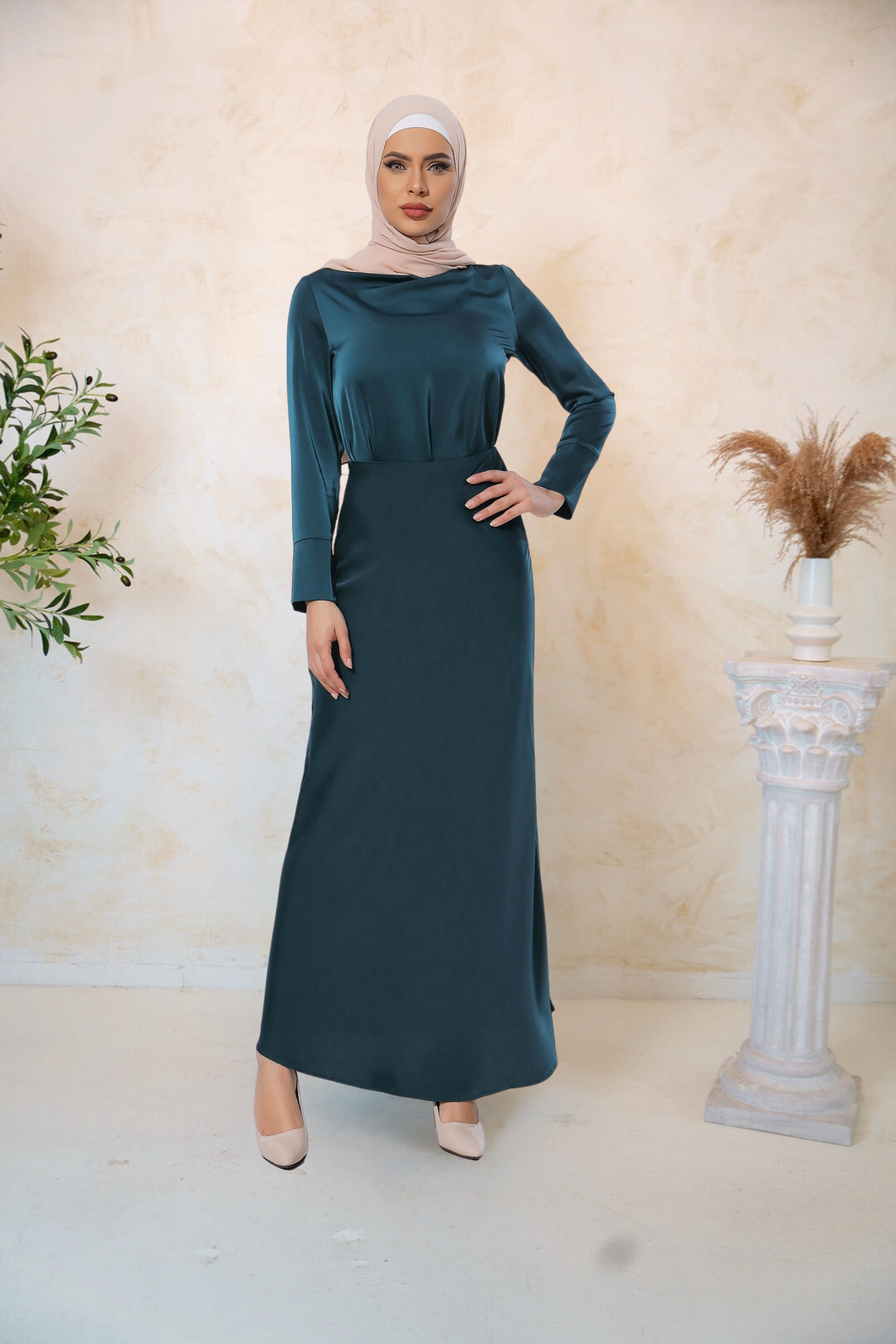 Elegant teal satin long sleeve skirt set with hijab for stylish modest fashion