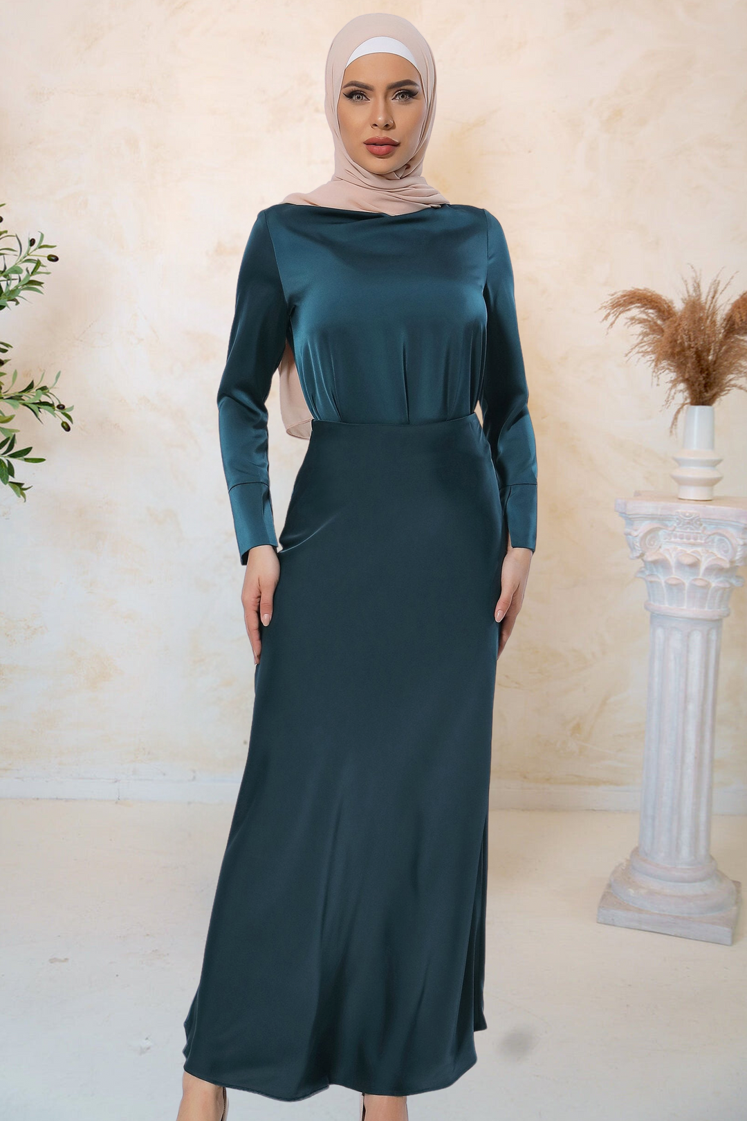 Emerald green satin dress with hijab from Teal Satin Long Sleeve Skirt Set