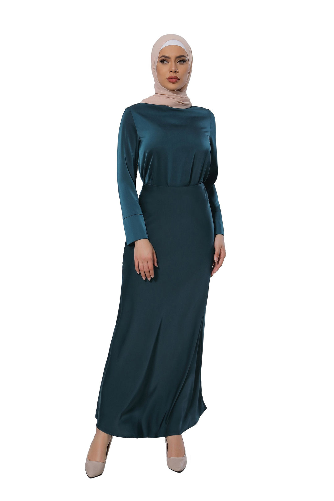 Emerald green modest dress featured in a Teal Satin Long Sleeve Skirt Set