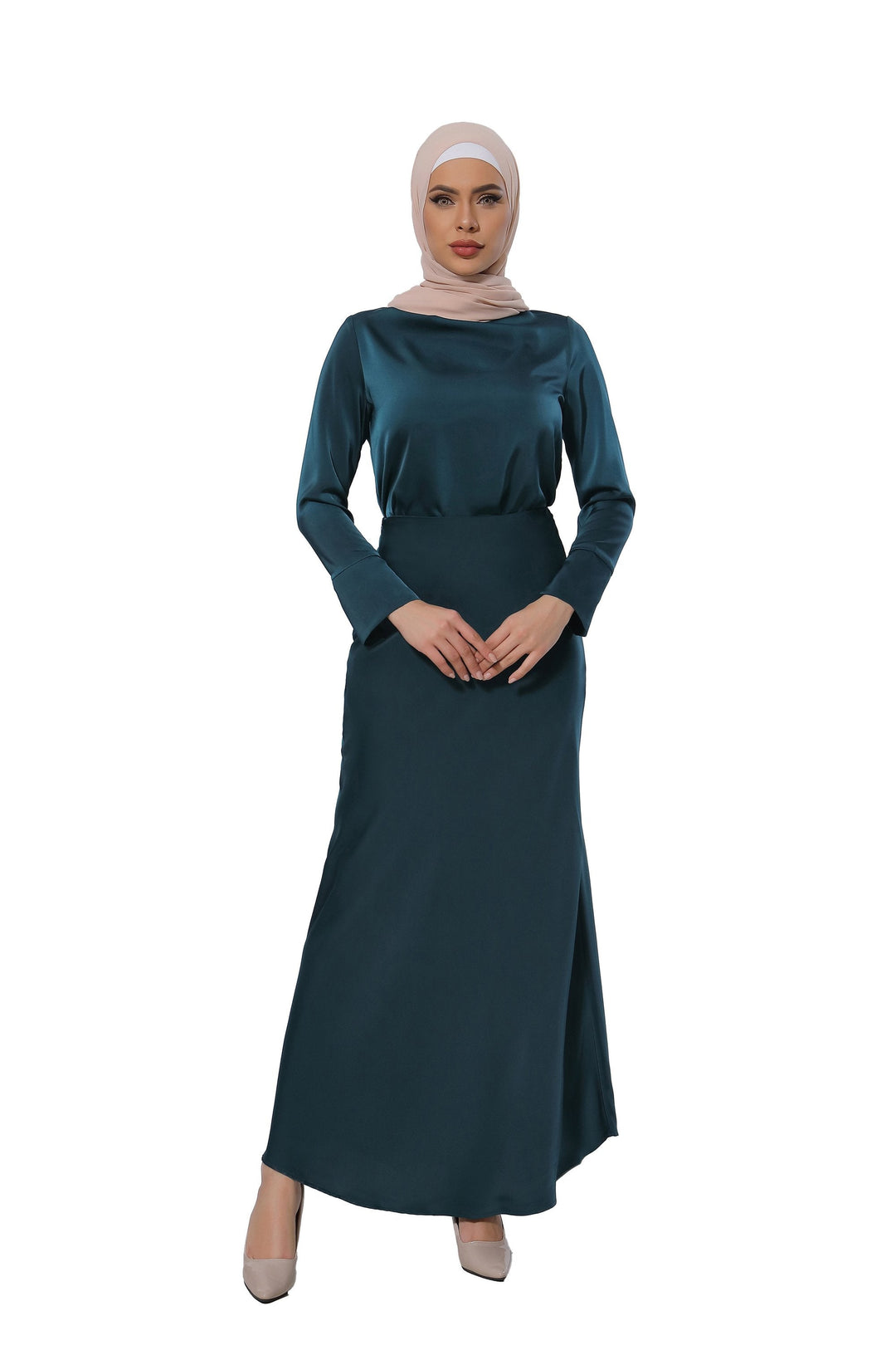 Emerald green modest dress with hijab from the Teal Satin Long Sleeve Skirt Set