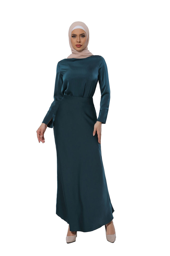 Emerald green modest dress featured in Teal Satin Long Sleeve Skirt Set