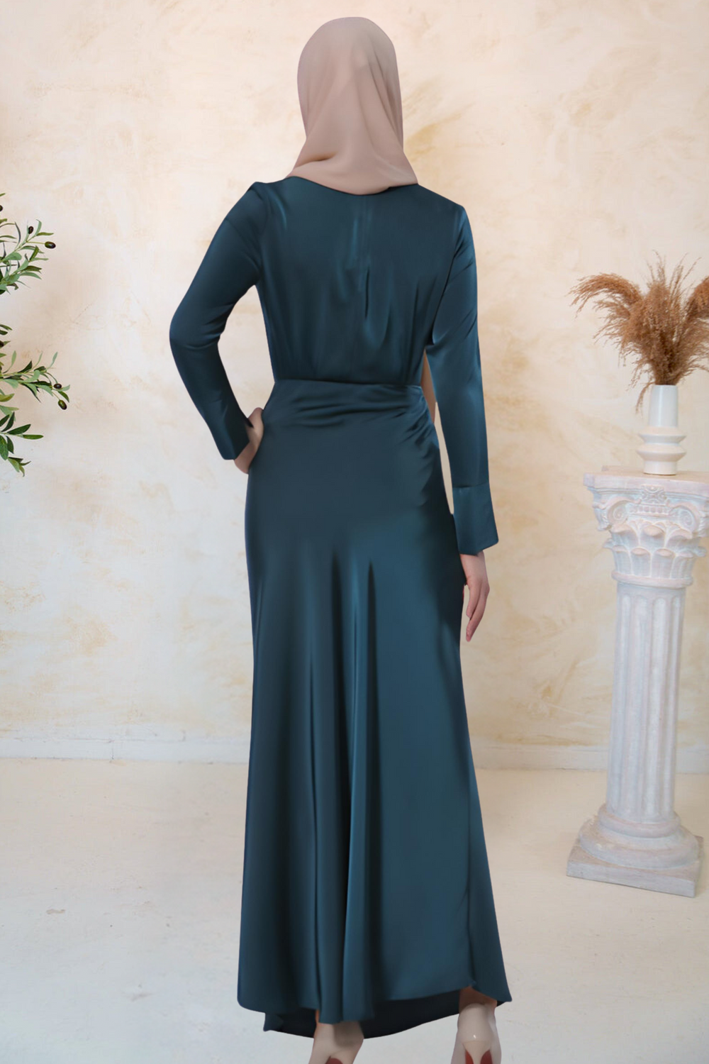 Emerald green satin dress with hijab in Teal Satin Long Sleeve Skirt Set