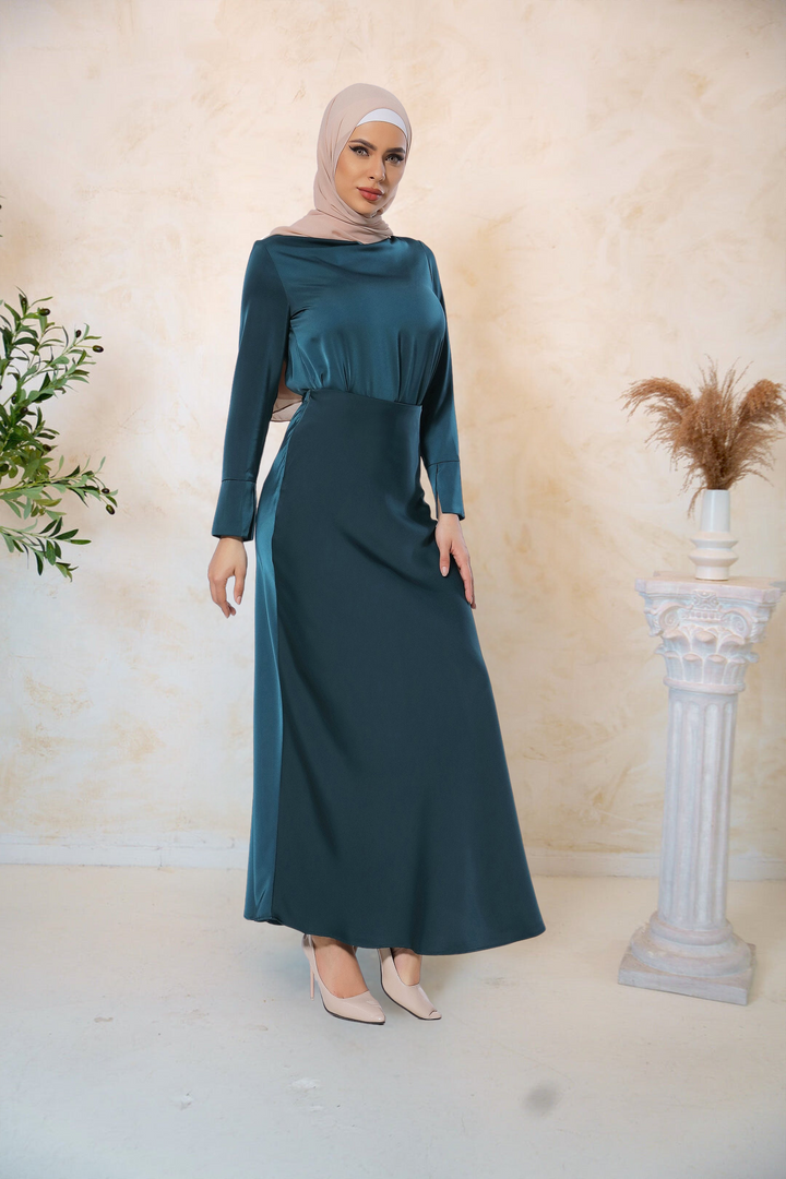 Elegant teal satin long sleeve skirt set with matching hijab for stylish outfits