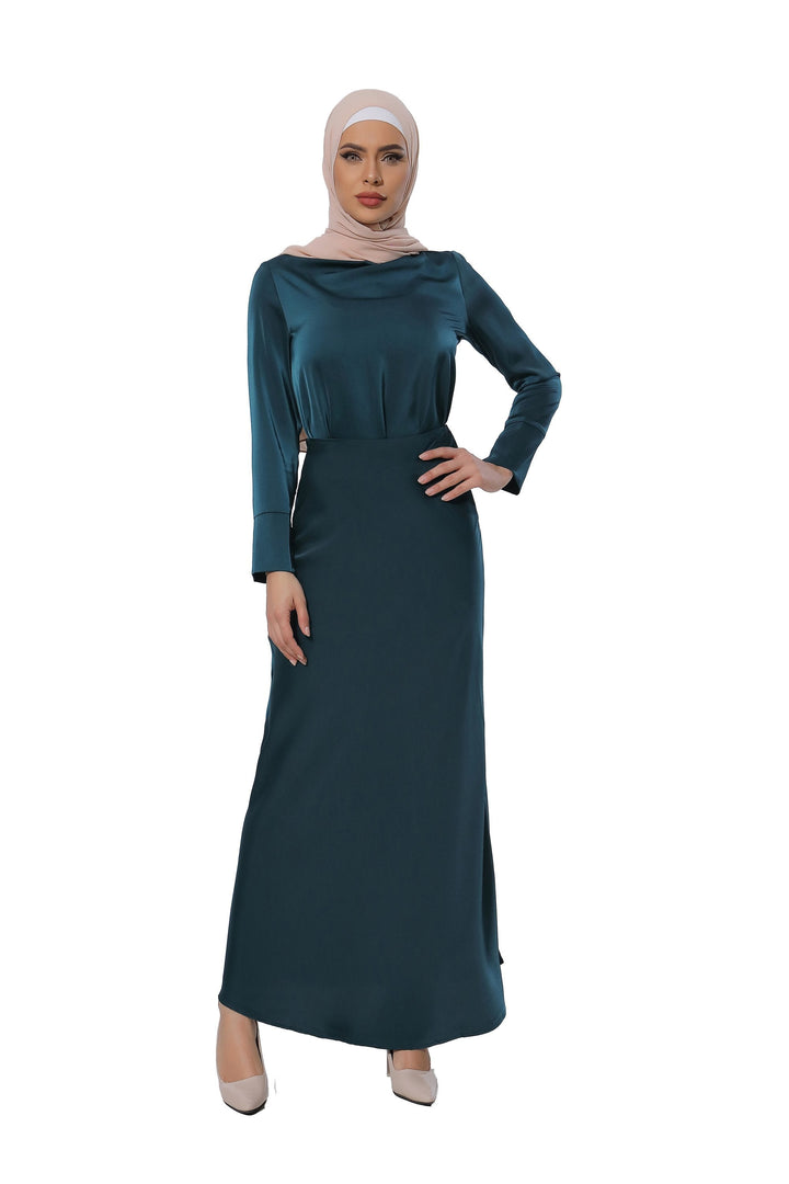 Emerald green modest dress with hijab styled as Teal Satin Long Sleeve Skirt Set