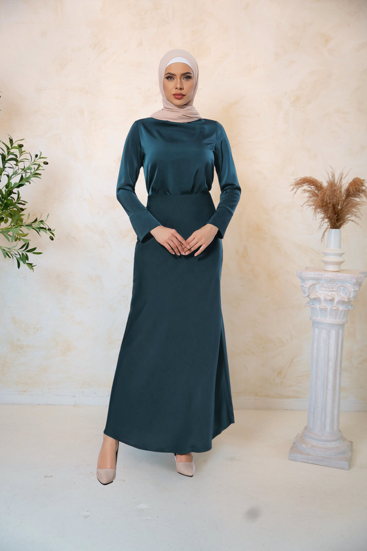 Elegant teal satin long sleeve skirt set perfect for any special occasion