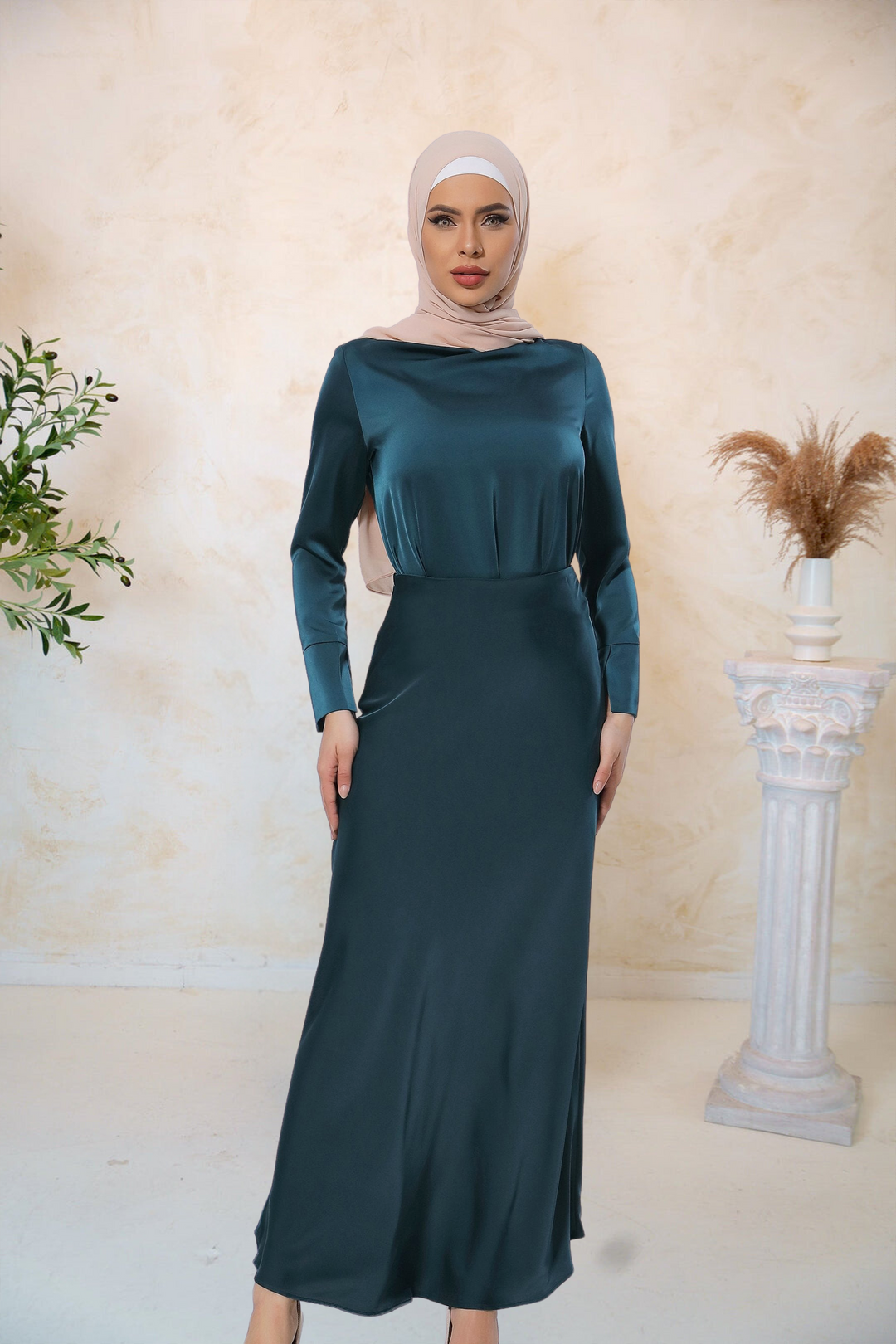 Emerald green satin dress with hijab from Teal Satin Long Sleeve Skirt Set