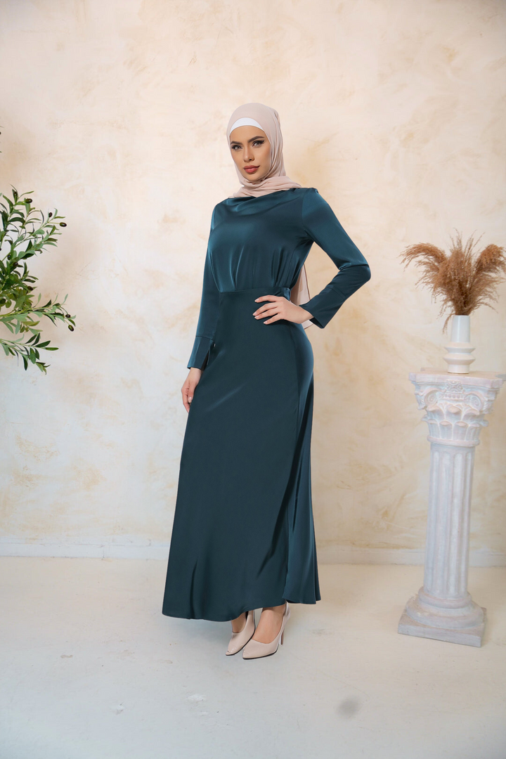 Elegant teal satin long sleeve skirt set perfect for special occasions and stylish events