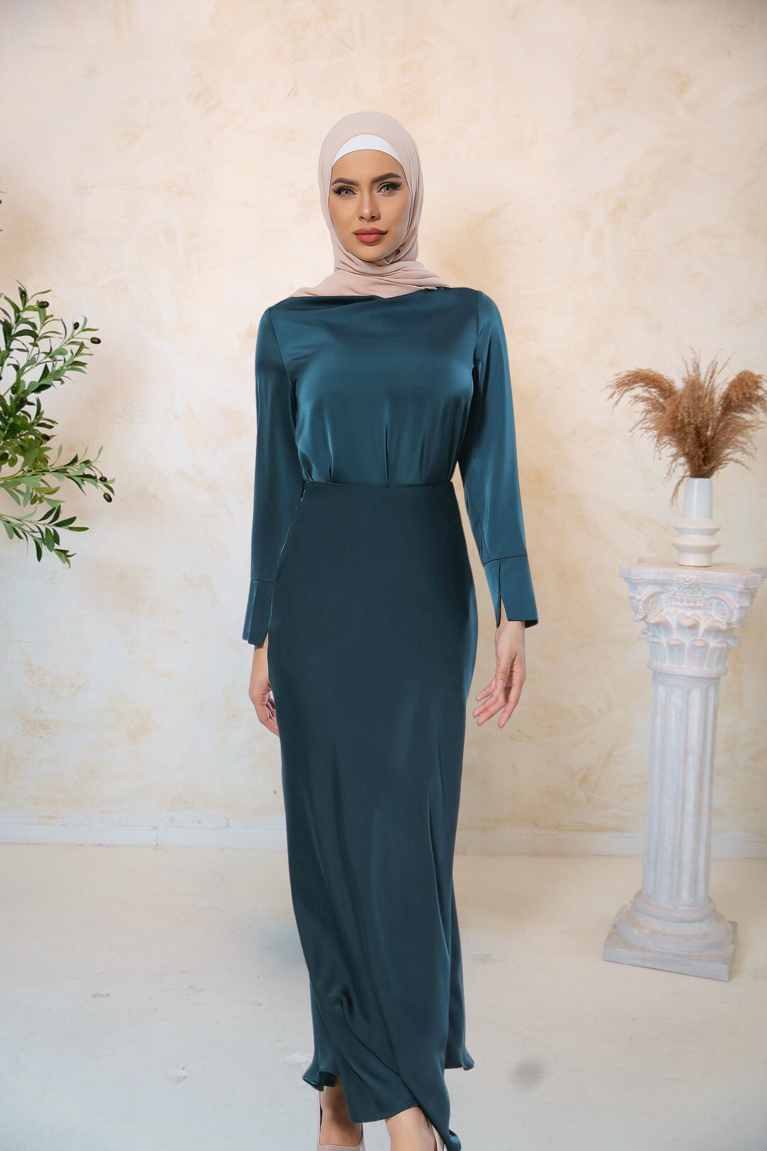 Elegant teal satin long sleeve skirt set showcasing stylish modest fashion