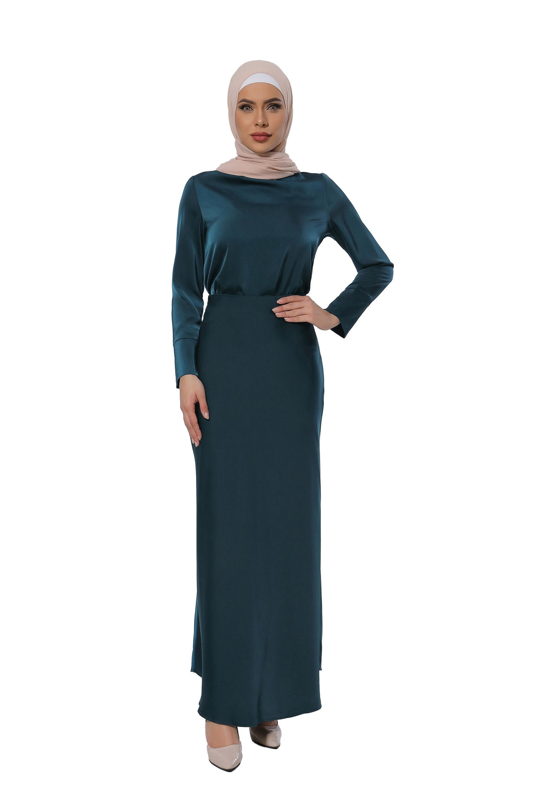 Emerald green modest dress from a teal satin long sleeve skirt set for elegant styling