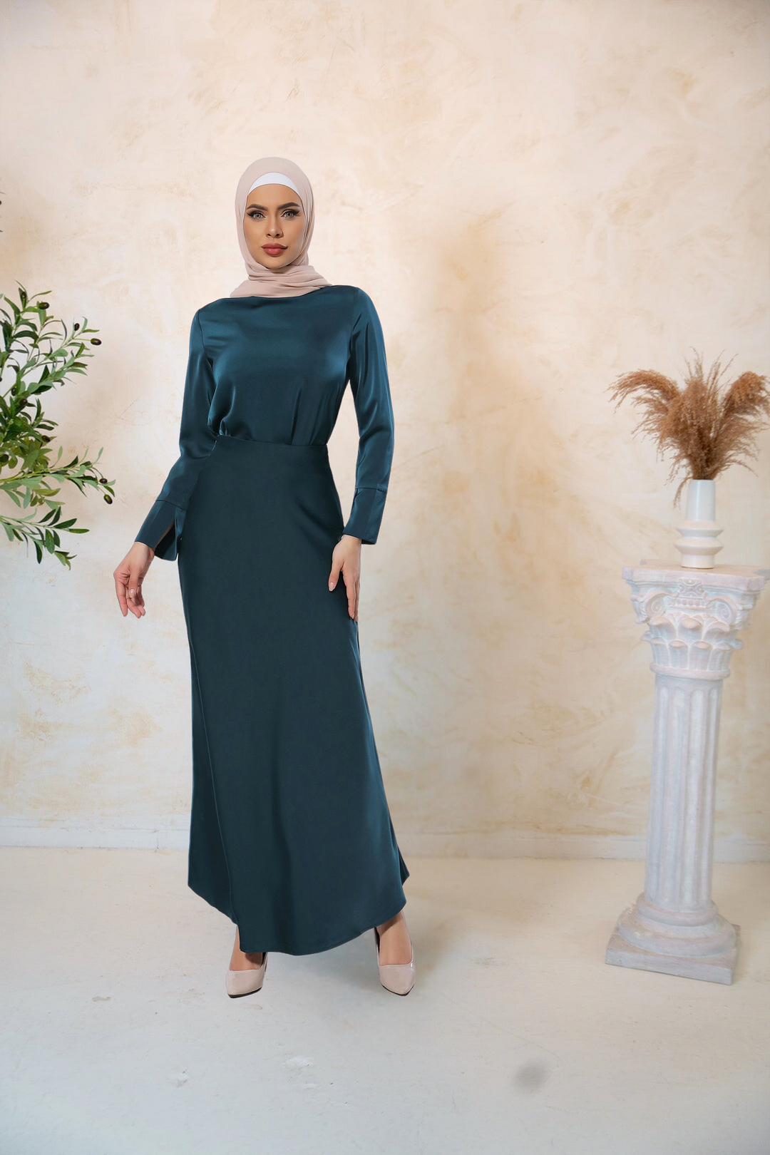 Emerald green long-sleeved modest dress from the Teal Satin Long Sleeve Skirt Set