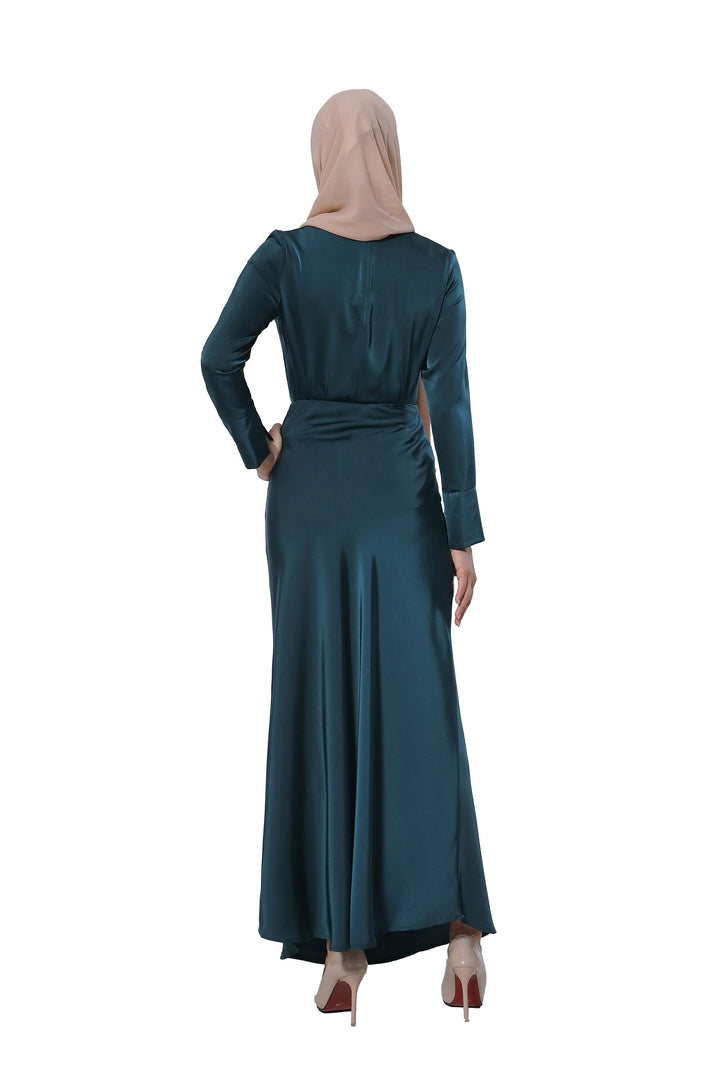 Emerald green satin dress with hijab from the Teal Satin Long Sleeve Skirt Set