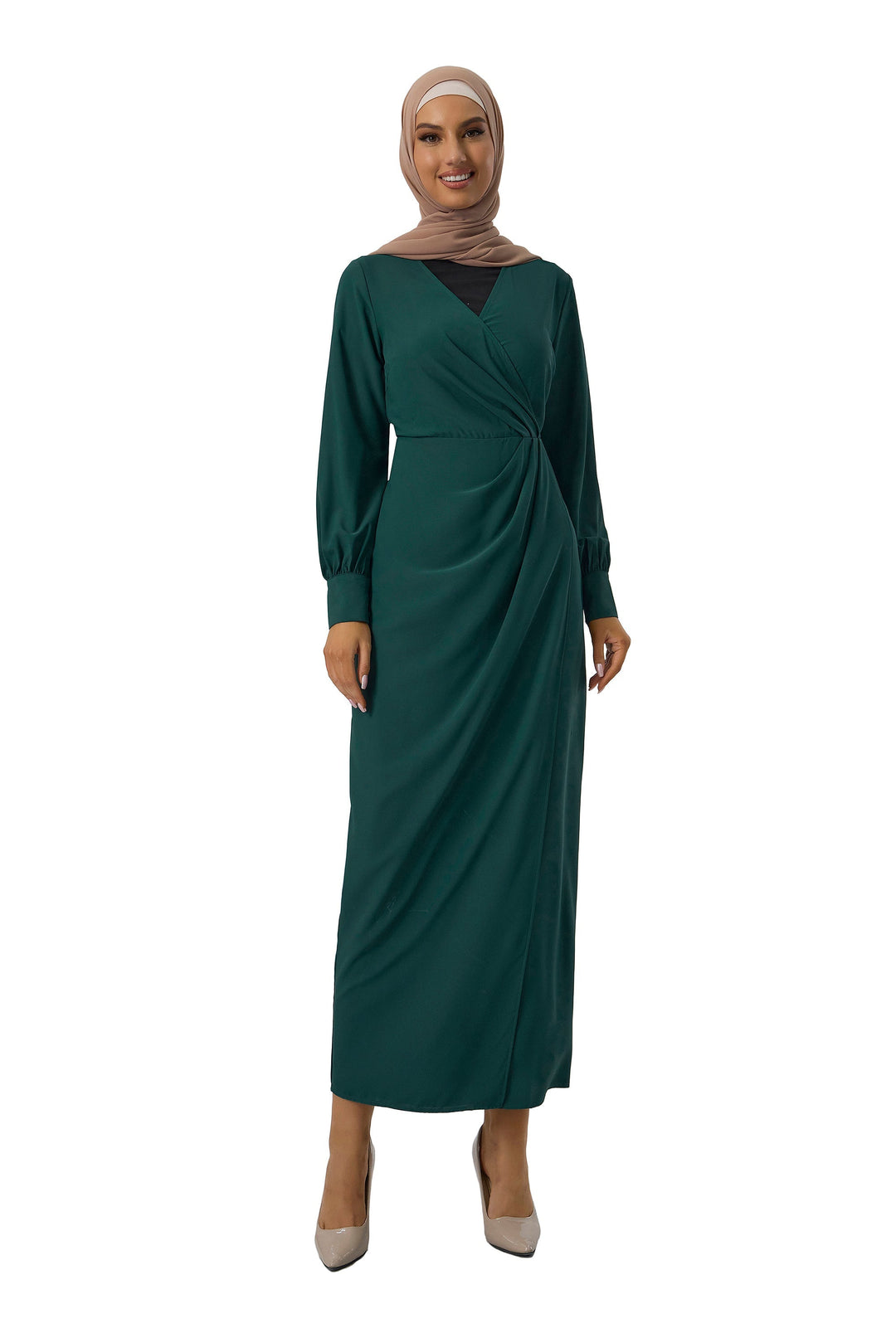 Emerald green Teal Wrap Maxi Dress featuring a criss-cross neckline and elegant design