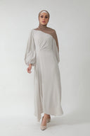 Beige Metallic Pinstripe Long Sleeve Maxi Dress-CLEARANCE
