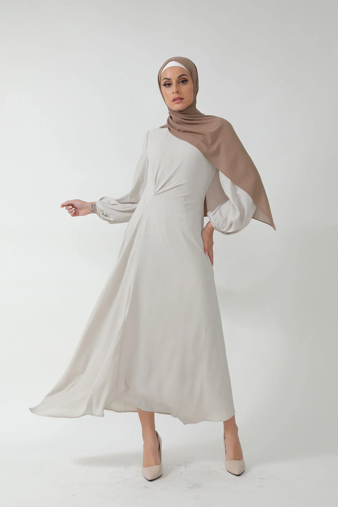 Beige Metallic Pinstripe Long Sleeve Maxi Dress Urban Modesty Beige Metallic Pinstripe Long Sleeve Maxi Dress Urban Modesty