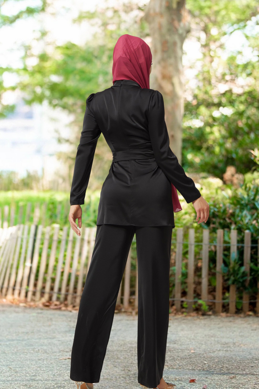 Black modest swimwear with maroon hijab in satin side wrap tunic set