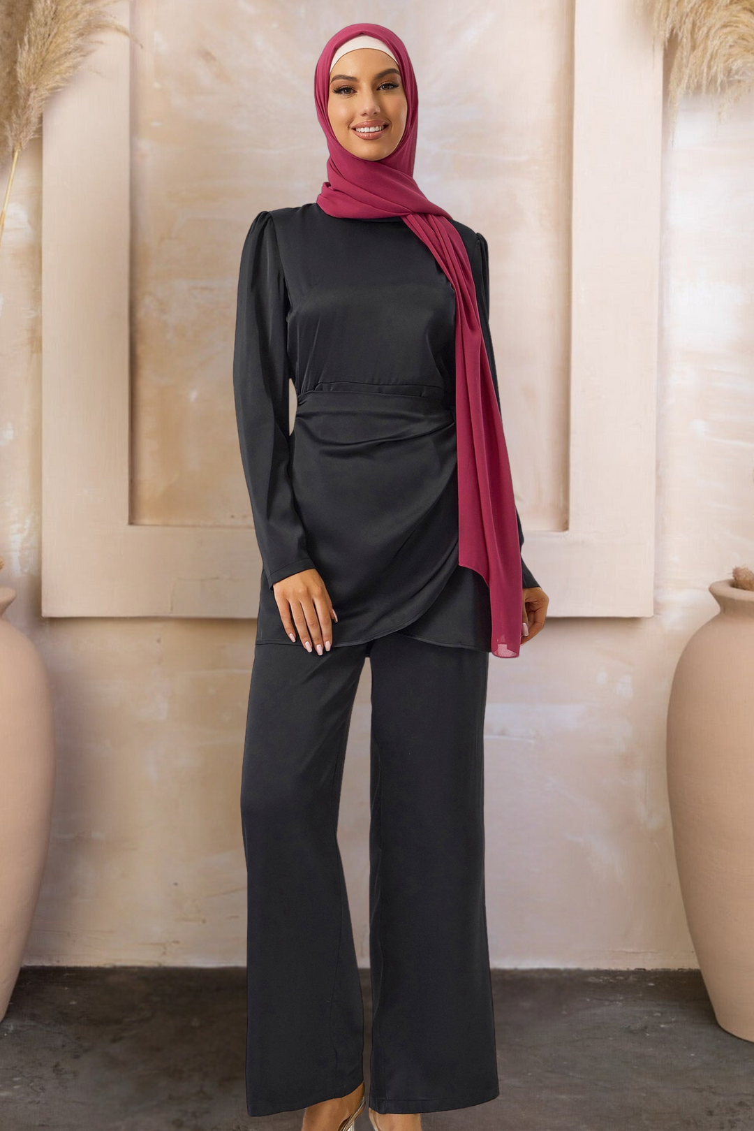 Black satin side wrap tunic and pant set with magenta hijab