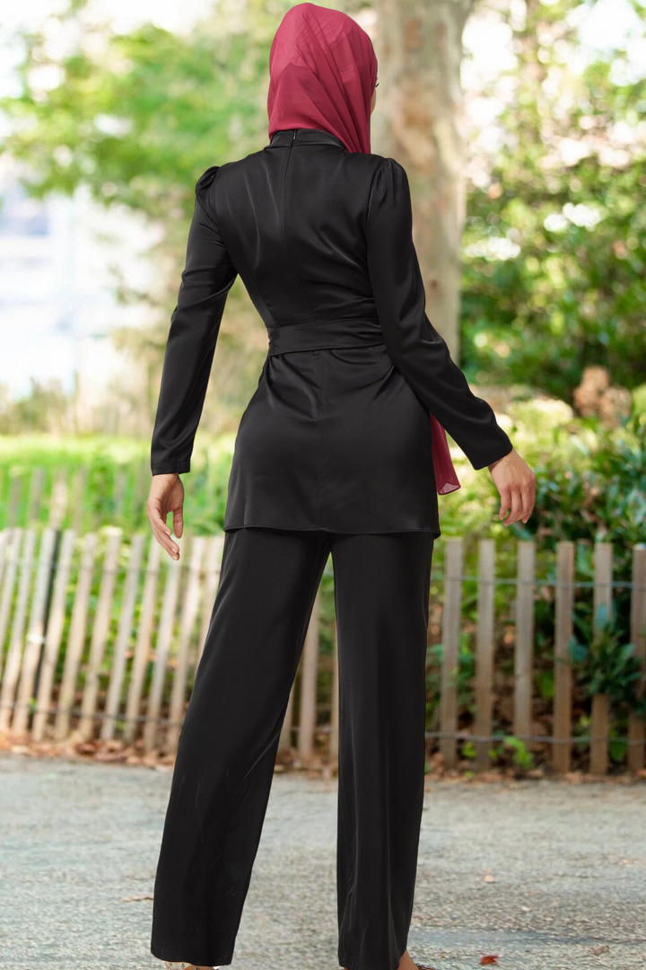 Black modest swimwear tunic and pant set with maroon hijab