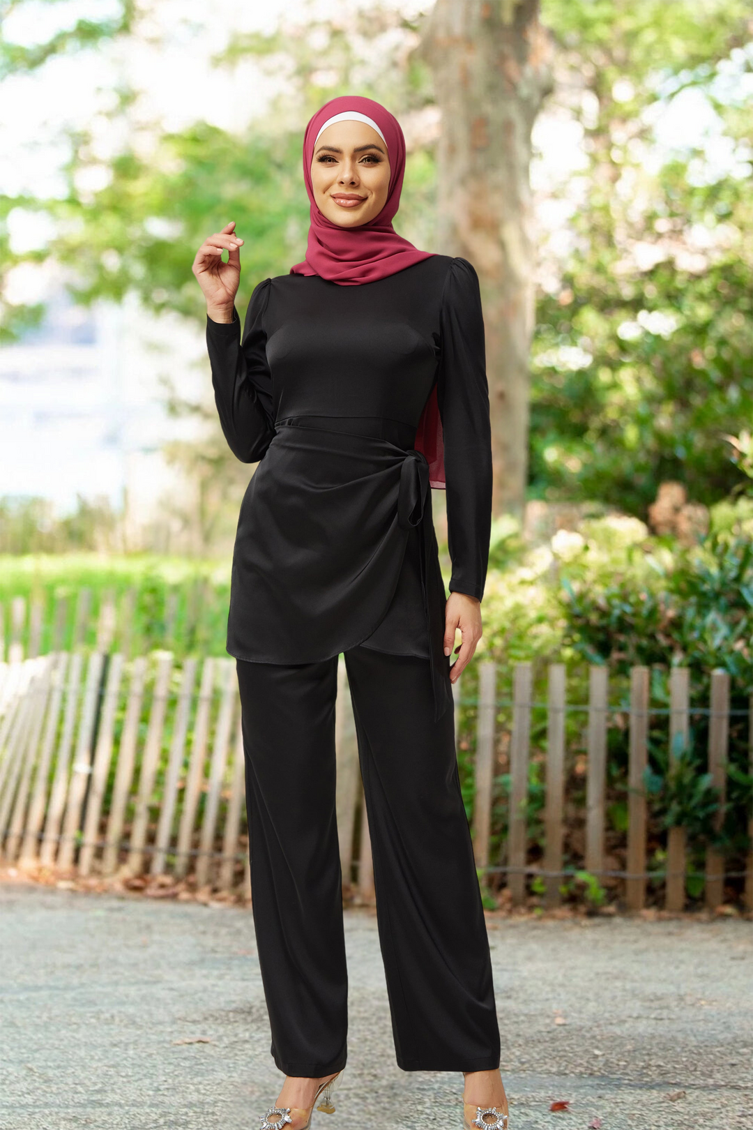 Woman in black satin pantsuit with maroon hijab, clearance set