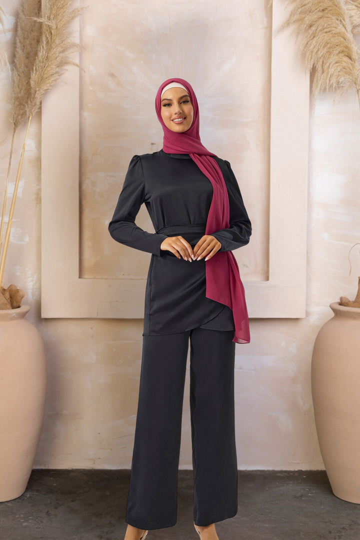 Womans black modest pantsuit with maroon hijab tunic set