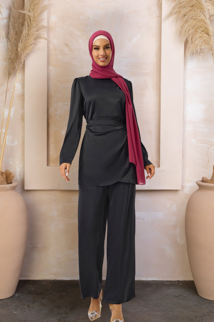 Woman in black satin pantsuit with maroon hijab, clearance set