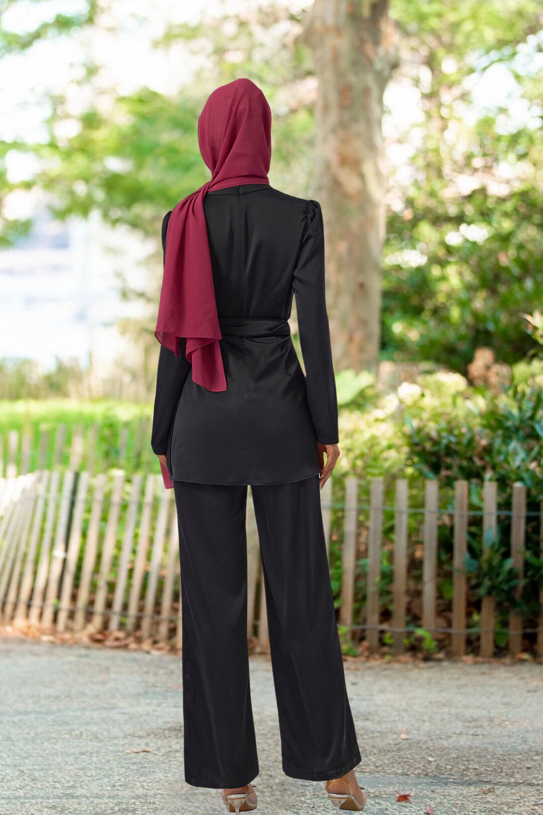 Black modest suit with maroon hijab in satin side wrap tunic and pant set