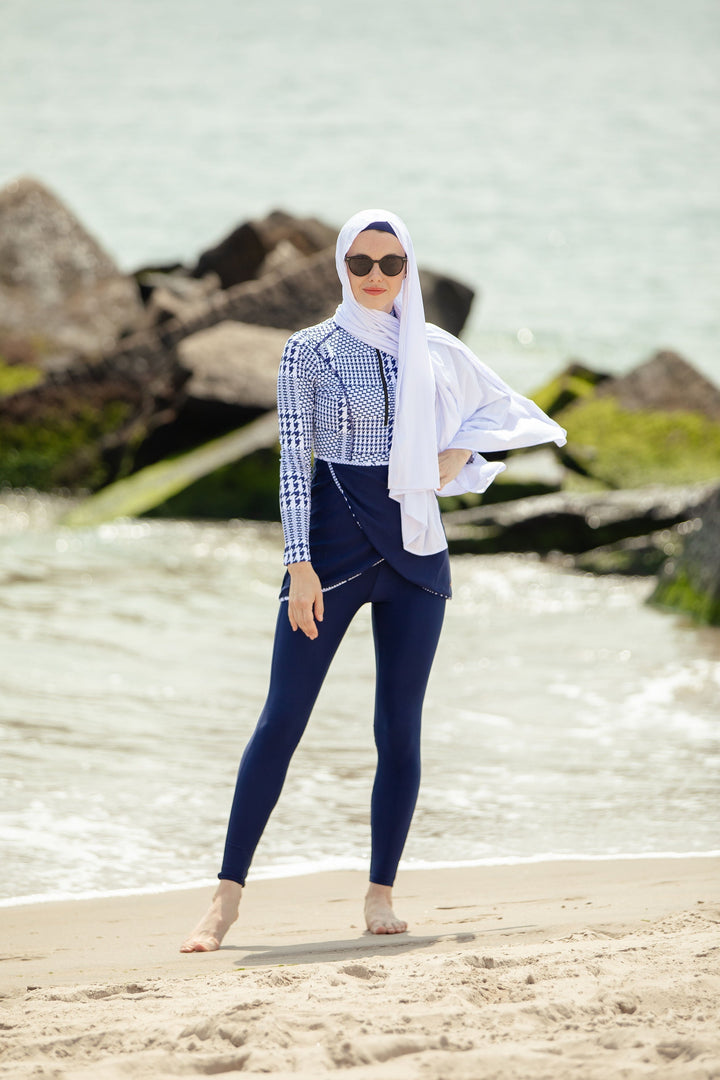 Blue houndstooth print 3-piece modest swimsuit outfit