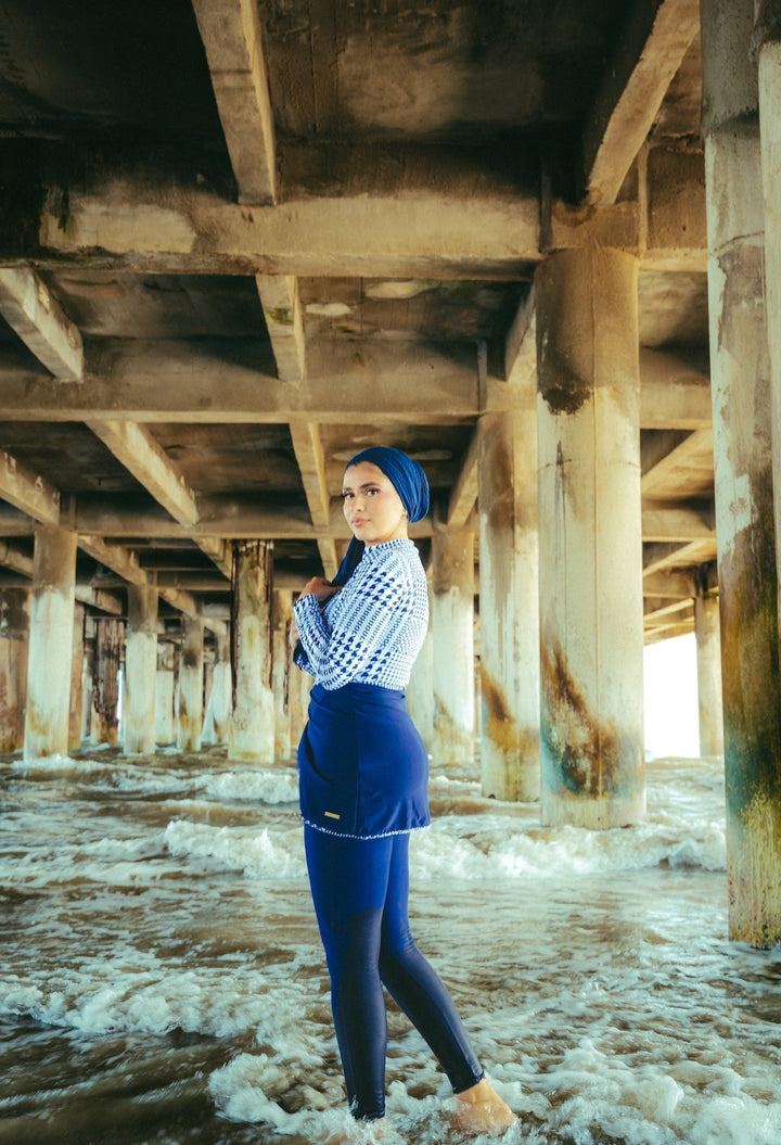 Blue Houndstooth Print 3-Piece Modest Swimsuit